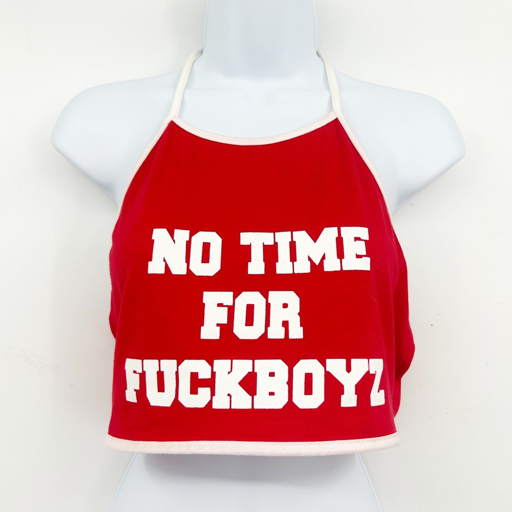 Womens Y2K Red Graphic Novelty Crop‎ Top Halter NO TIME FOR FUCKBOYZ Size XL